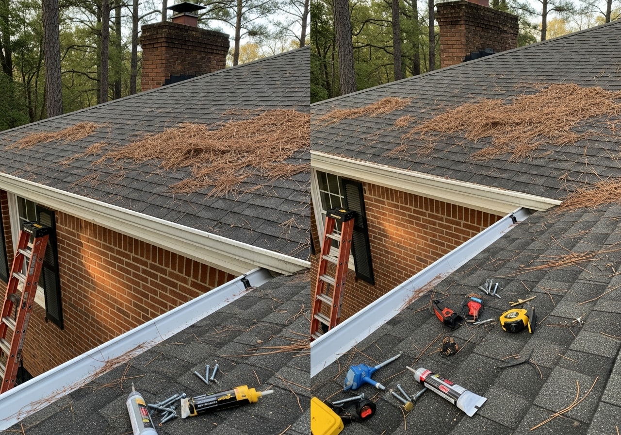 Gutter guards installed on existing gutters of an older home in Montgomery
