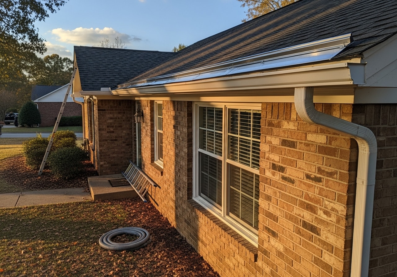 Micro-mesh gutter guards installed on a ranch-style home in Huntsville with mature trees nearby