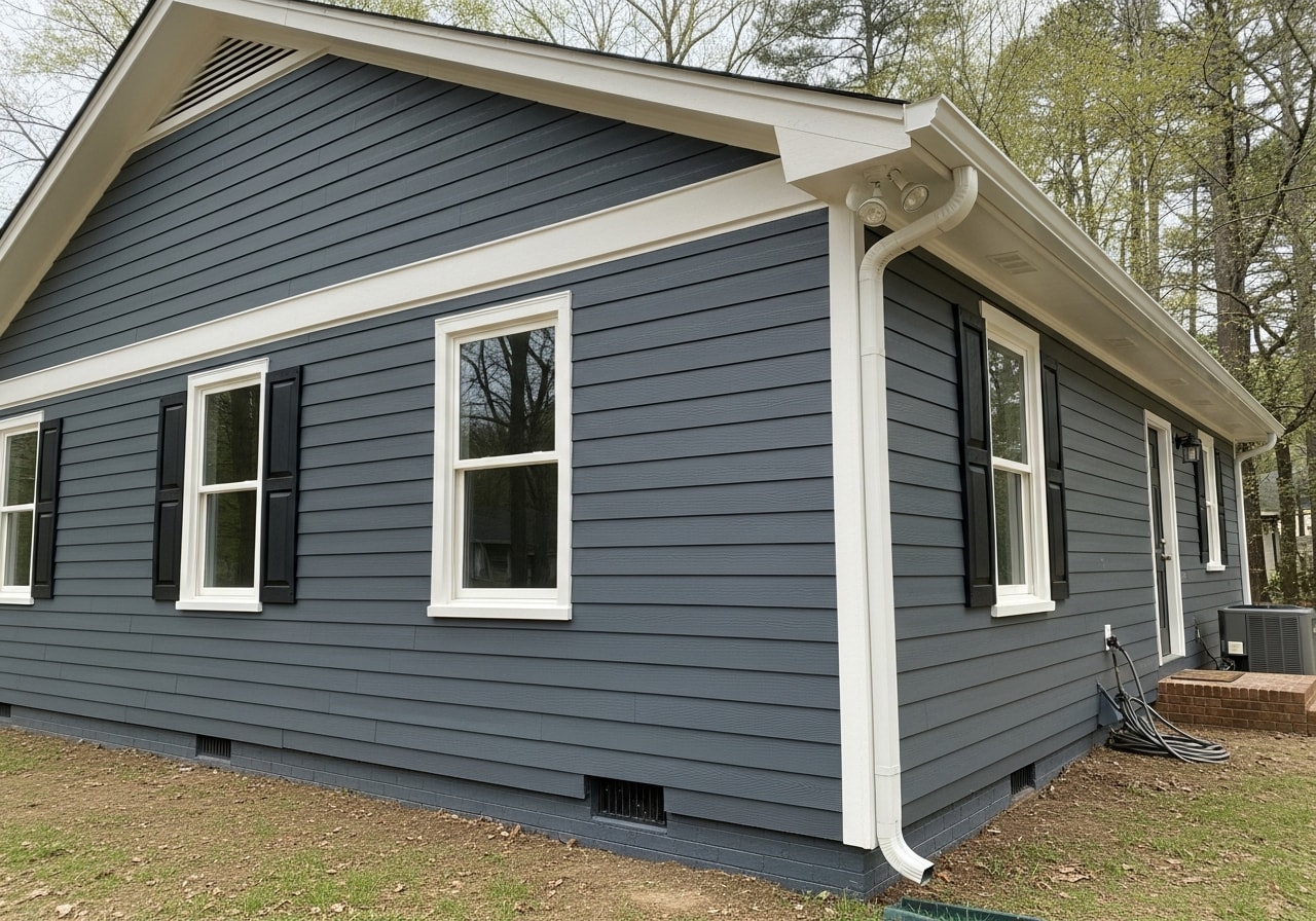 Vinyl siding and seamless gutters installed on a renovated home in Huntsville