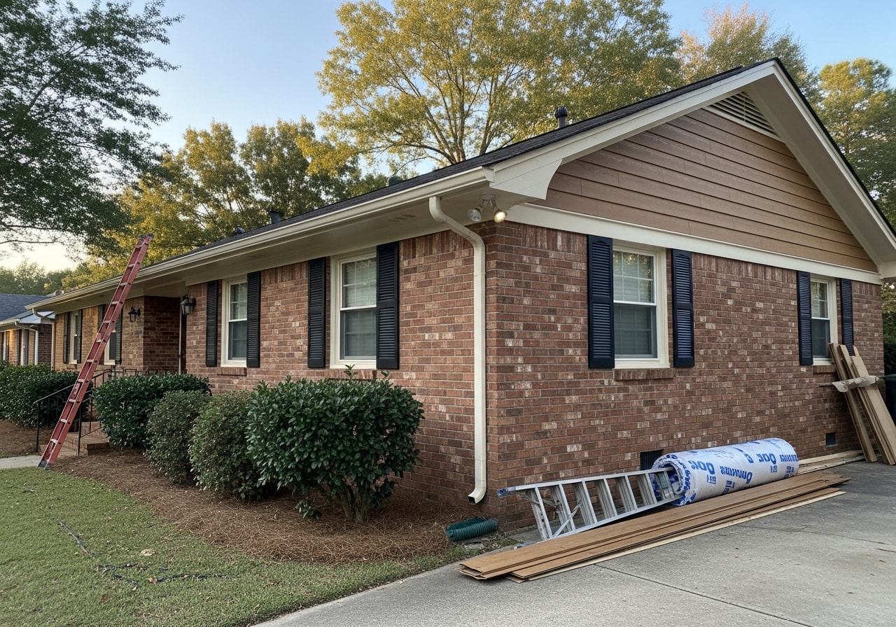 Completed vinyl siding installation on a brick ranch home in Montgomery with new trim
