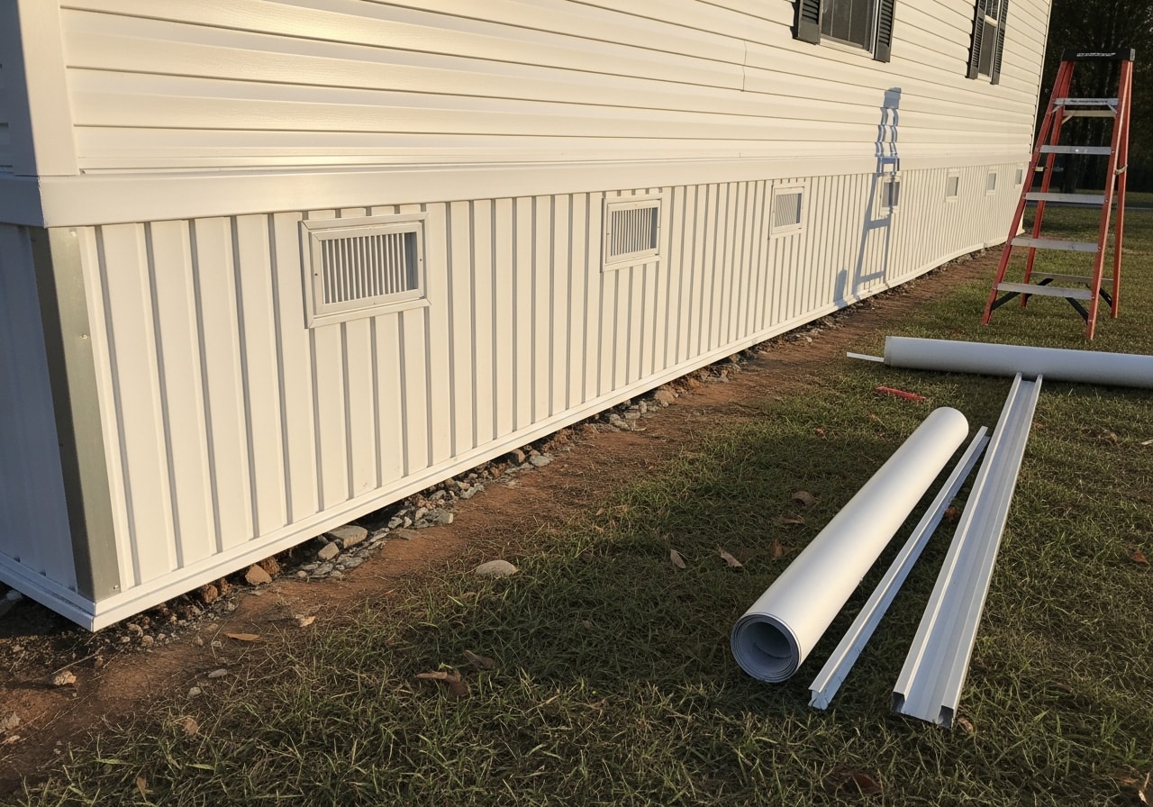 New white vinyl skirting installed on a double-wide mobile home in Clanton