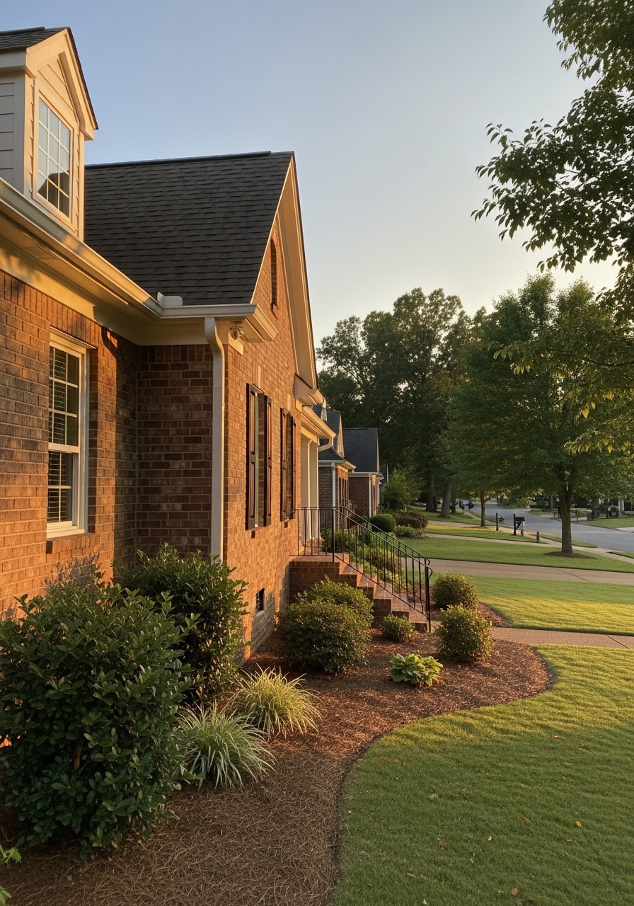 Completed home exterior in Huntsville neighborhood with quality finish details and professional landscaping.