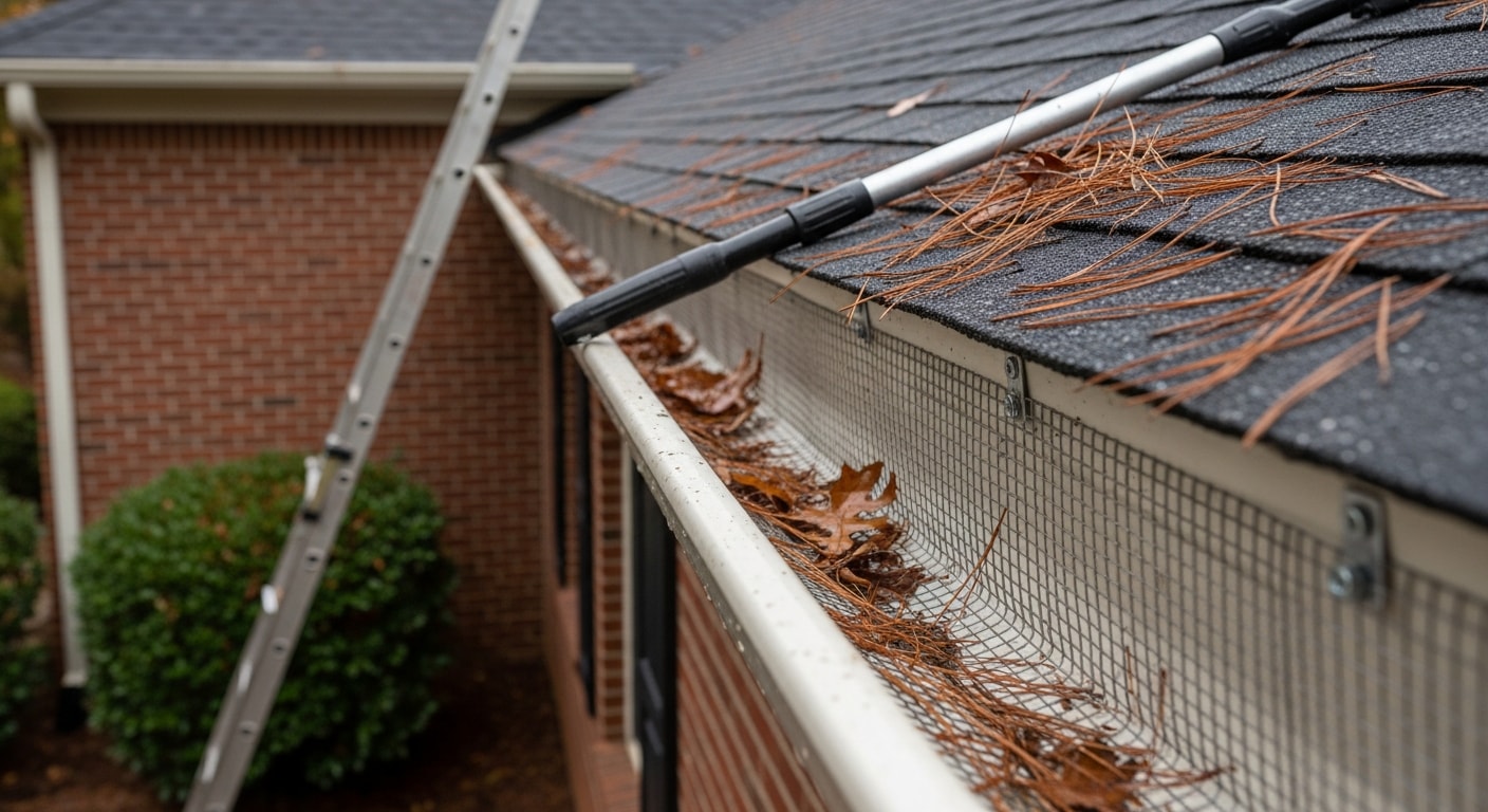 Gutter guard installed on a residential home in Birmingham, AL, with oak leaves and pine needles resting on top of the guard while the gutter channel below remains clear. Close-up view showing the mesh surface and clean aluminum gutter trough during a rainy day.