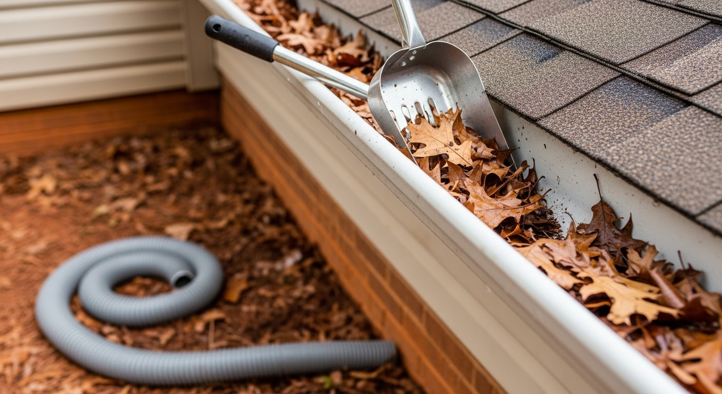 A gutter technician clearing packed leaf and debris buildup from a residential gutter trough on a Birmingham, AL home. The downspout and fascia board are visible, with mature hardwood trees in the background.