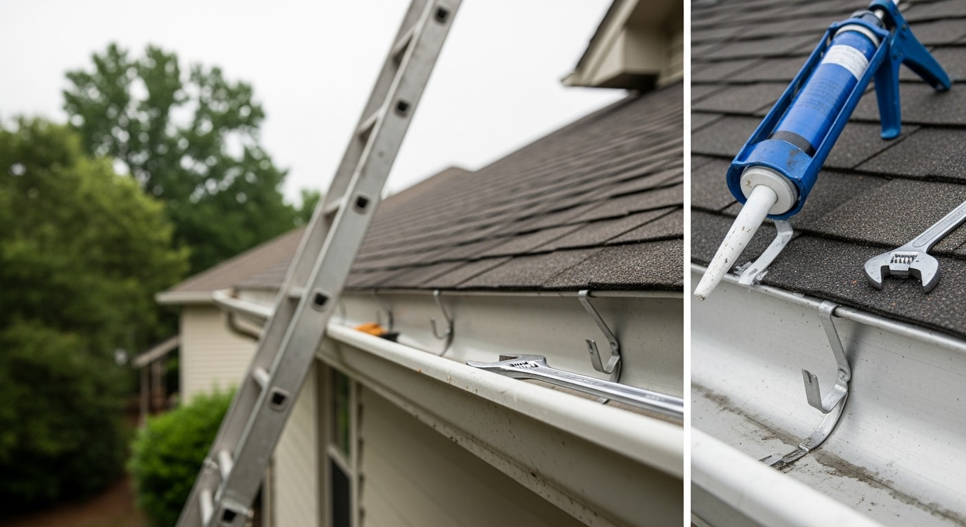A gutter technician reattaching a sagging aluminum gutter section to the fascia board of a residential home in Birmingham, AL. The repaired run shows properly aligned hangers and a clean downspout connection ready for the next rain.