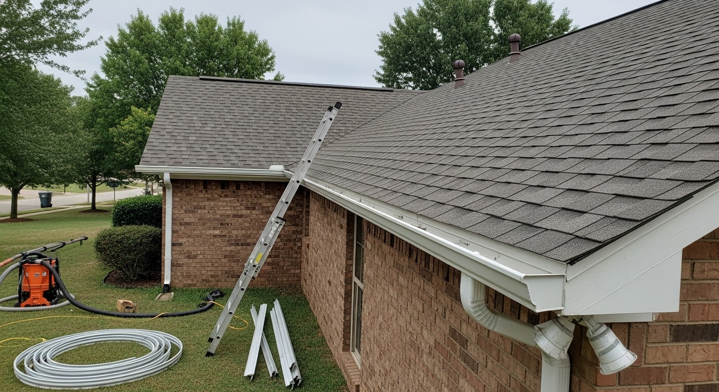 Newly installed gutters running along the roofline of a single-story Birmingham, AL home, with downspouts directed away from the foundation on a clear day after a storm.