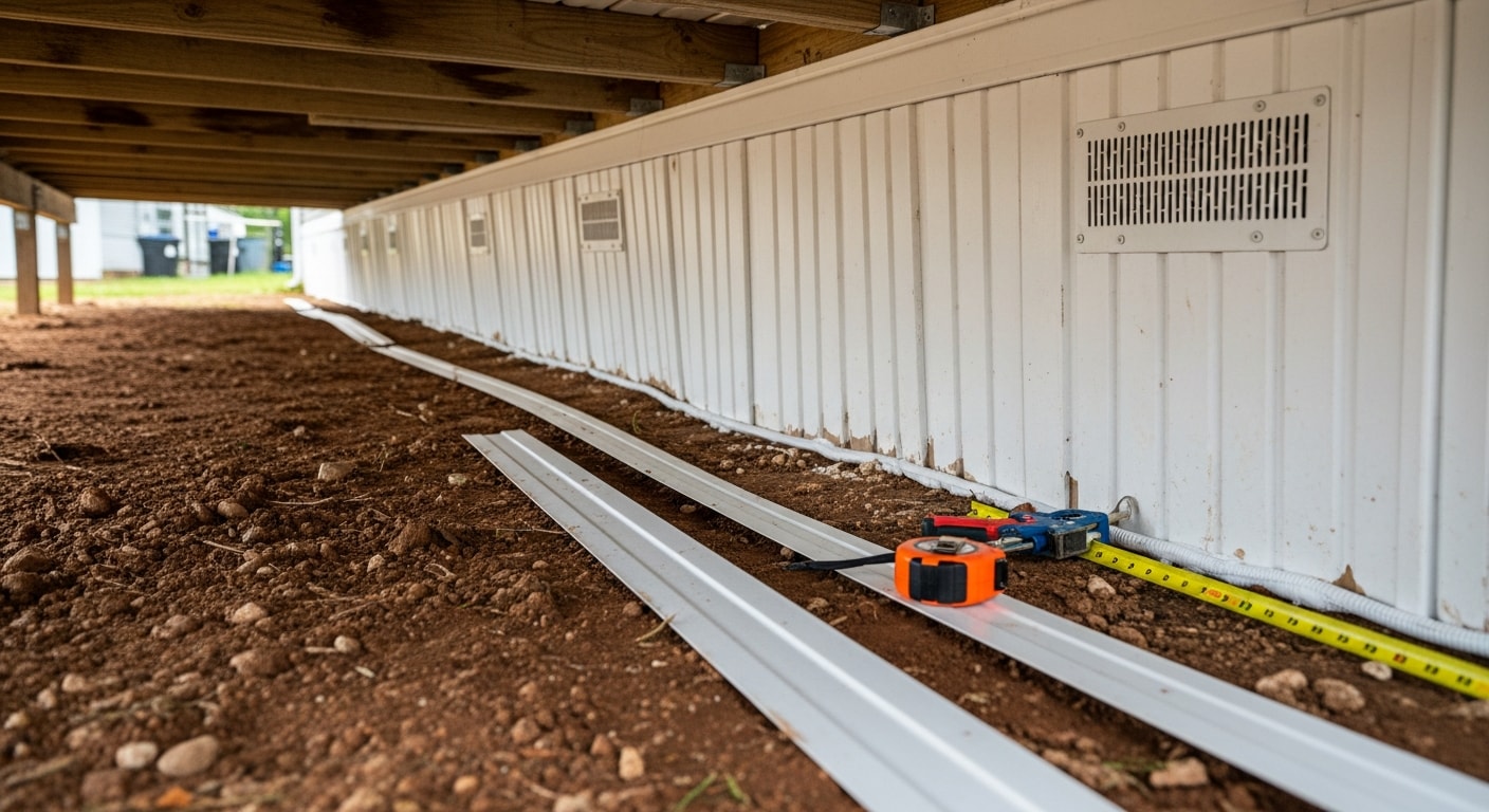 A repaired mobile home skirting perimeter in Birmingham, AL with flush, secure panels running along the base of the home. Close-up view shows patched and re-secured sections with no visible gaps or warping.
