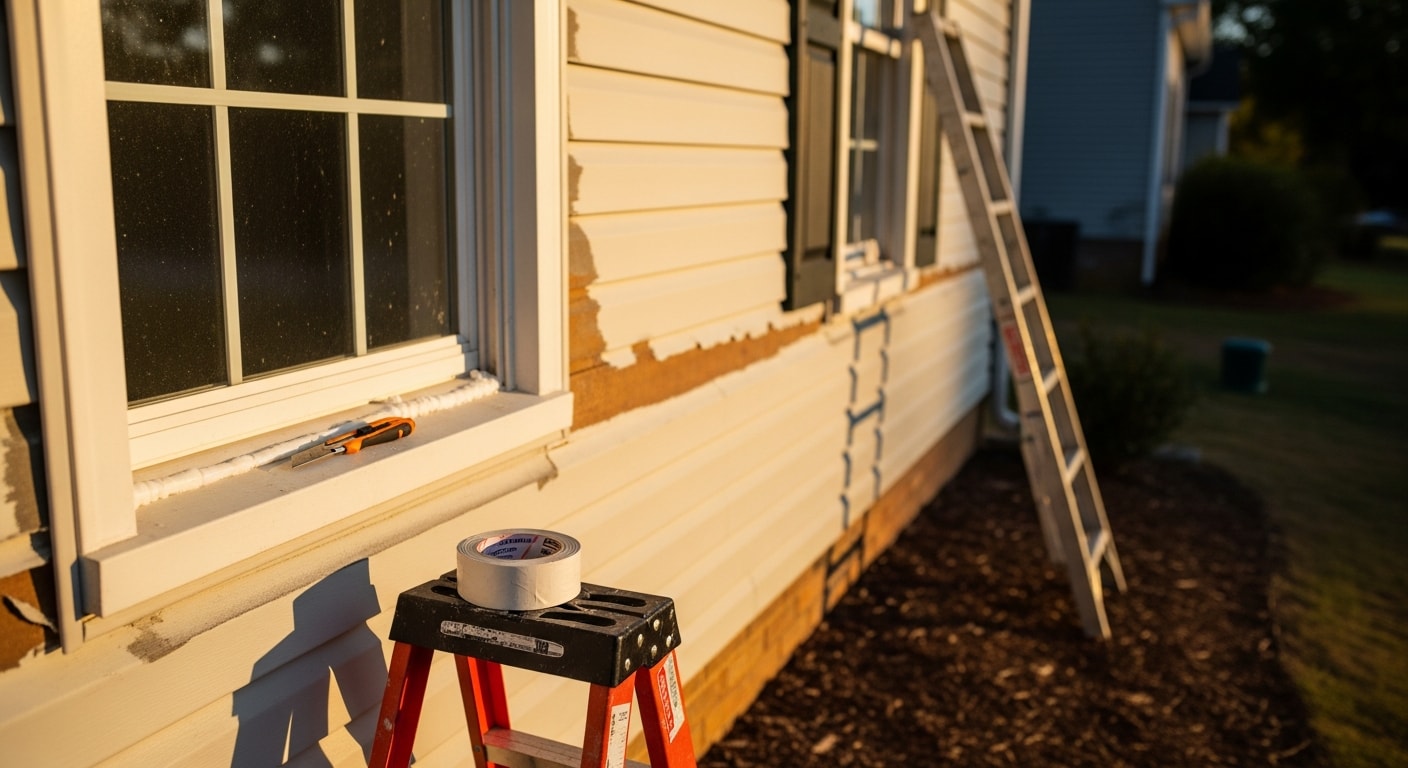 Close-up of a Birmingham, AL home exterior showing freshly repaired vinyl siding panels with tight seams and no visible cracks or gaps. The repaired section blends with the surrounding panels on a residential property after storm damage.