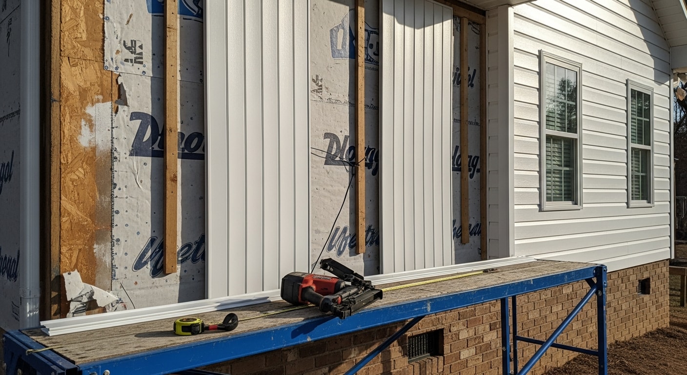 Freshly installed vinyl siding on a single-story Birmingham, AL home, showing clean lap panels, tight corner trim, and no visible gaps at window edges. The exterior reflects a completed full replacement with uniform panel alignment across the front and side walls.